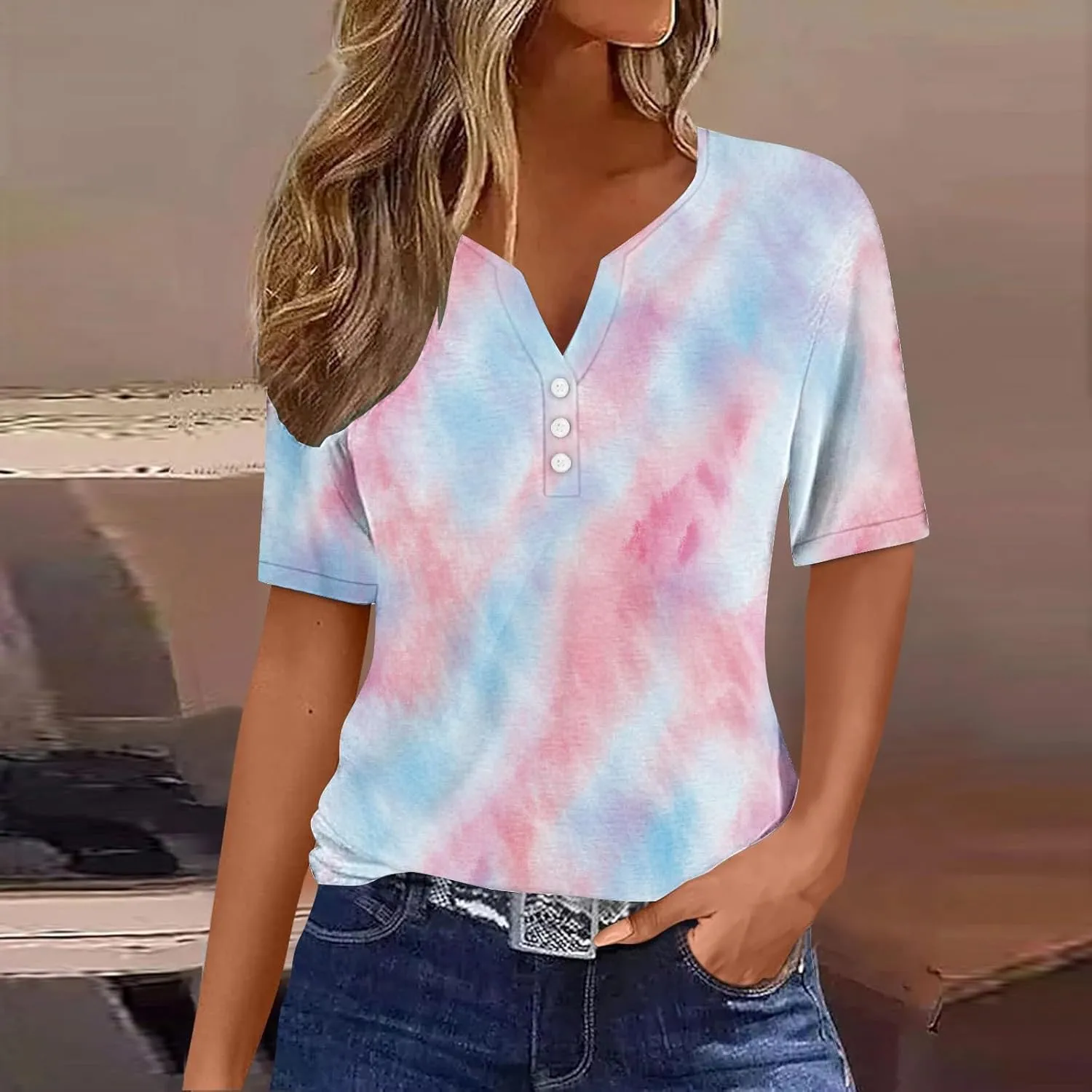 Button Down Shirts for Women Short Sleeve Summer Casual Tops V Neck Floral Print Henley Tshirt Trendy Tunic Blouses