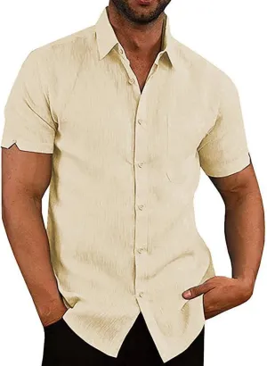 Button Down Short Sleeve Linen Shirts for Men Summer Casual Cotton Spread Collar Beach Shirts