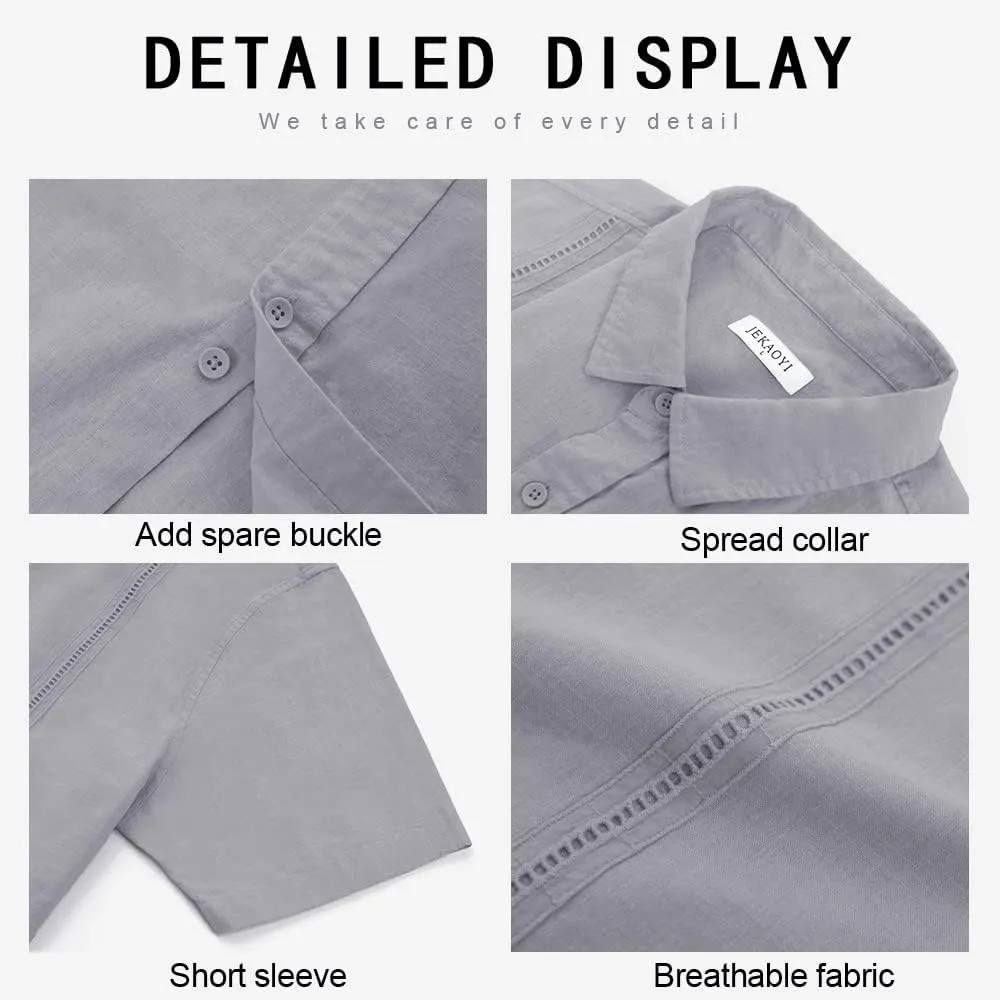 Button Down Short Sleeve Linen Shirts for Men Summer Casual Cotton Spread Collar Beach Shirts