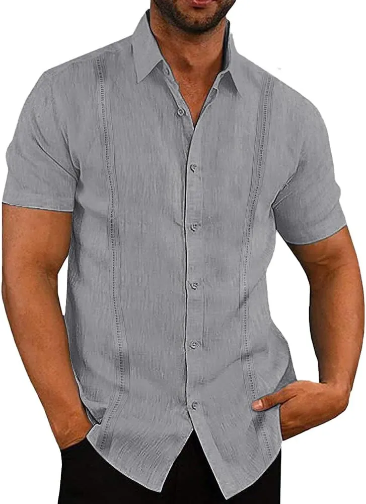 Button Down Short Sleeve Linen Shirts for Men Summer Casual Cotton Spread Collar Beach Shirts