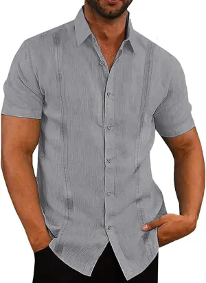 Button Down Short Sleeve Linen Shirts for Men Summer Casual Cotton Spread Collar Beach Shirts