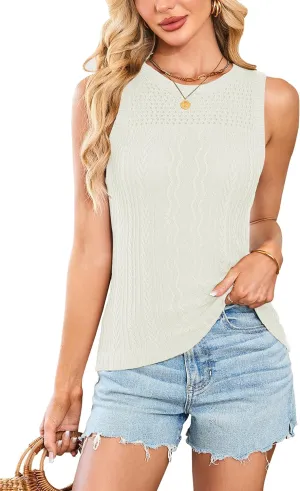 Cakulo Summer Crochet Tank Tops for Women 2025 Sleeveless Ribbed Cable Knit Crew Neck Spring Sweater Vest Top