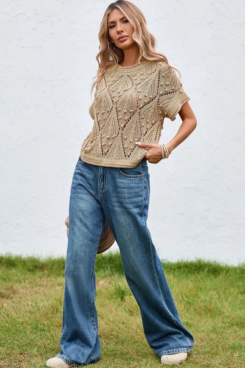 Cakulo Womens Summer Short Sleeve Crop Boho Tops Crochet Lightweight Sweaters 2025 Knit Top Casual Blouses