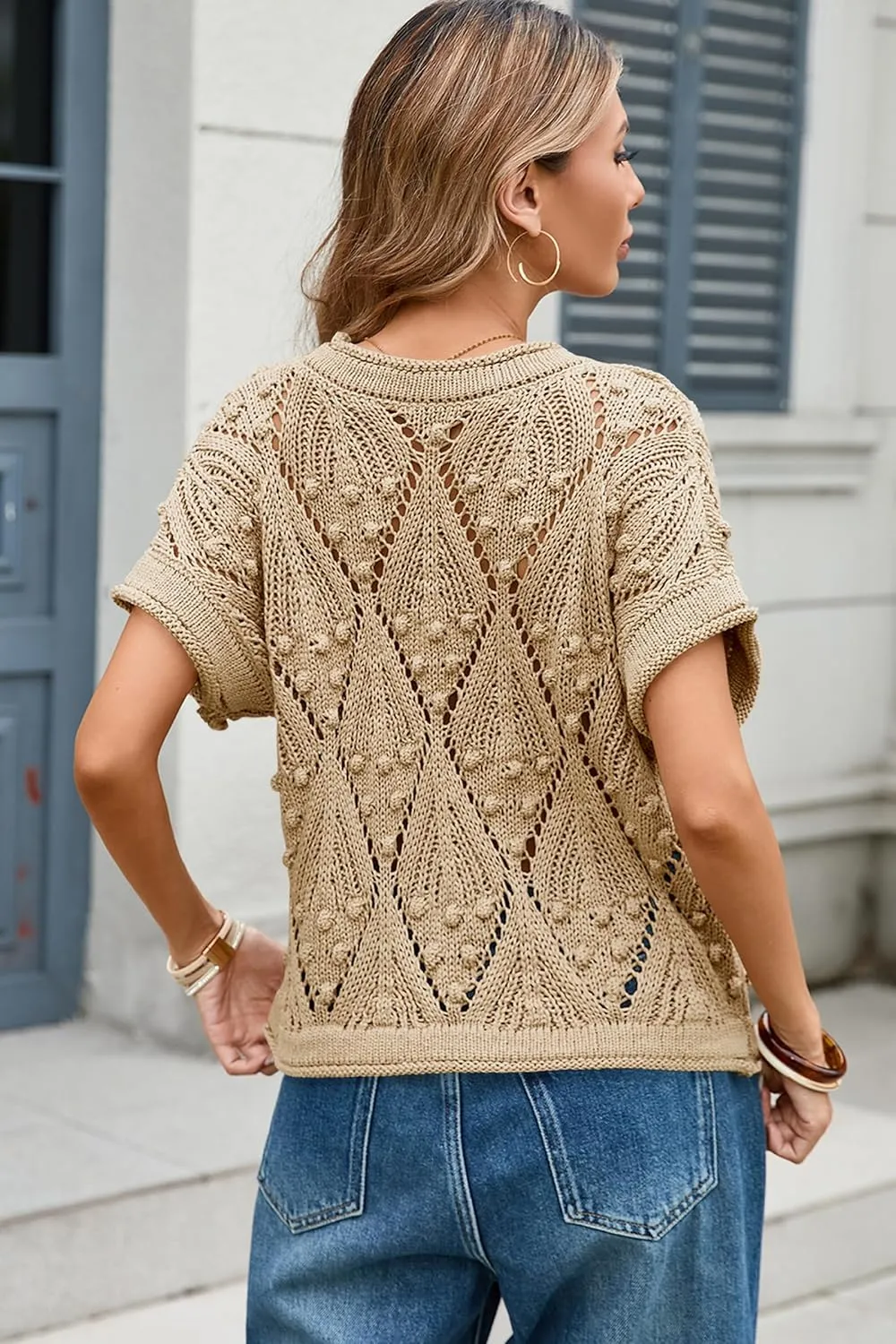 Cakulo Womens Summer Short Sleeve Crop Boho Tops Crochet Lightweight Sweaters 2025 Knit Top Casual Blouses