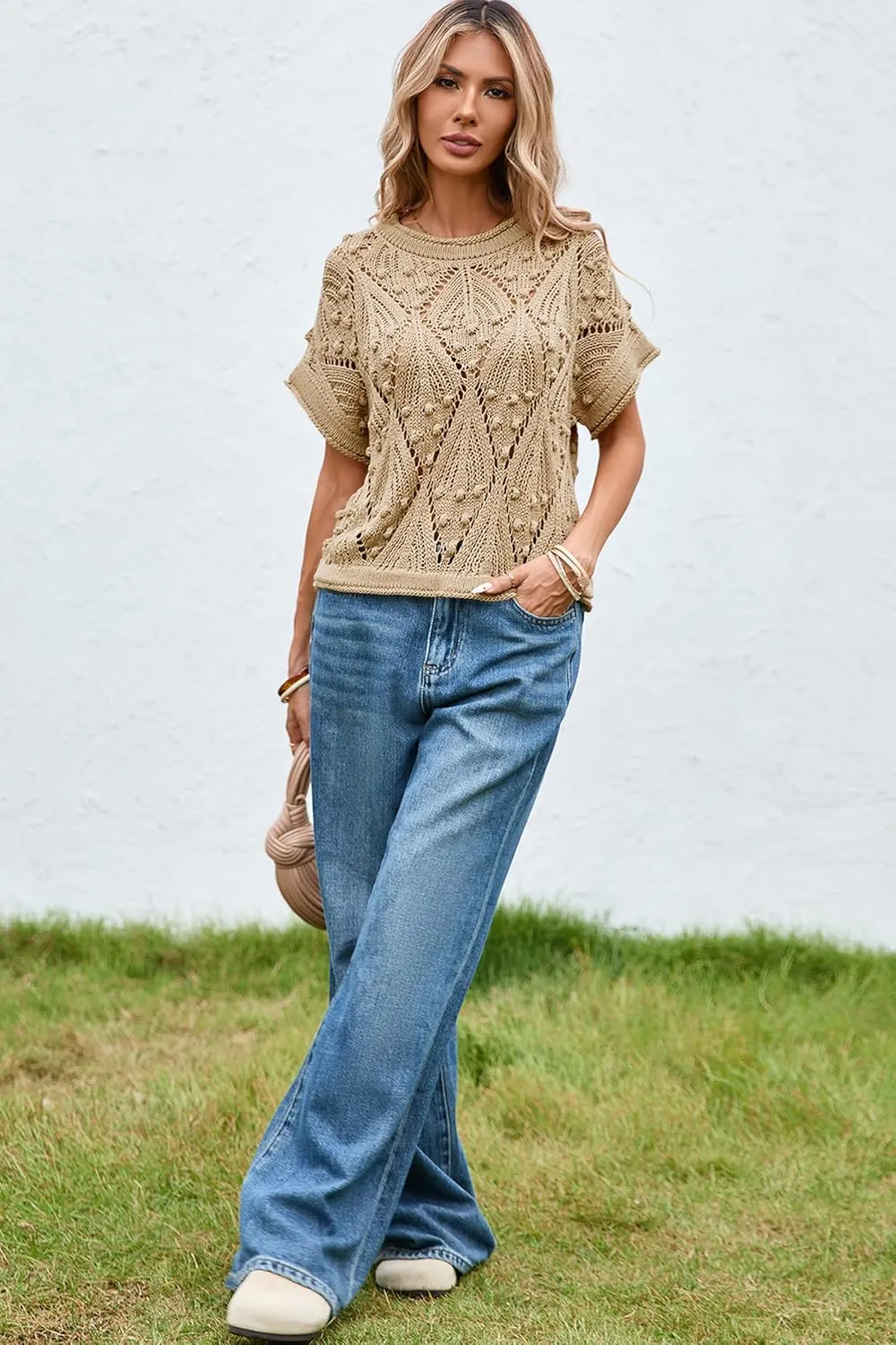 Cakulo Womens Summer Short Sleeve Crop Boho Tops Crochet Lightweight Sweaters 2025 Knit Top Casual Blouses