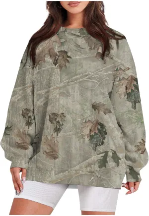 Camo Sweatshirt for Women Maple-Leaf Print Camo Crewneck Sweatshirts Long Sleeve Oversized Sweater Pullover Casual Tops