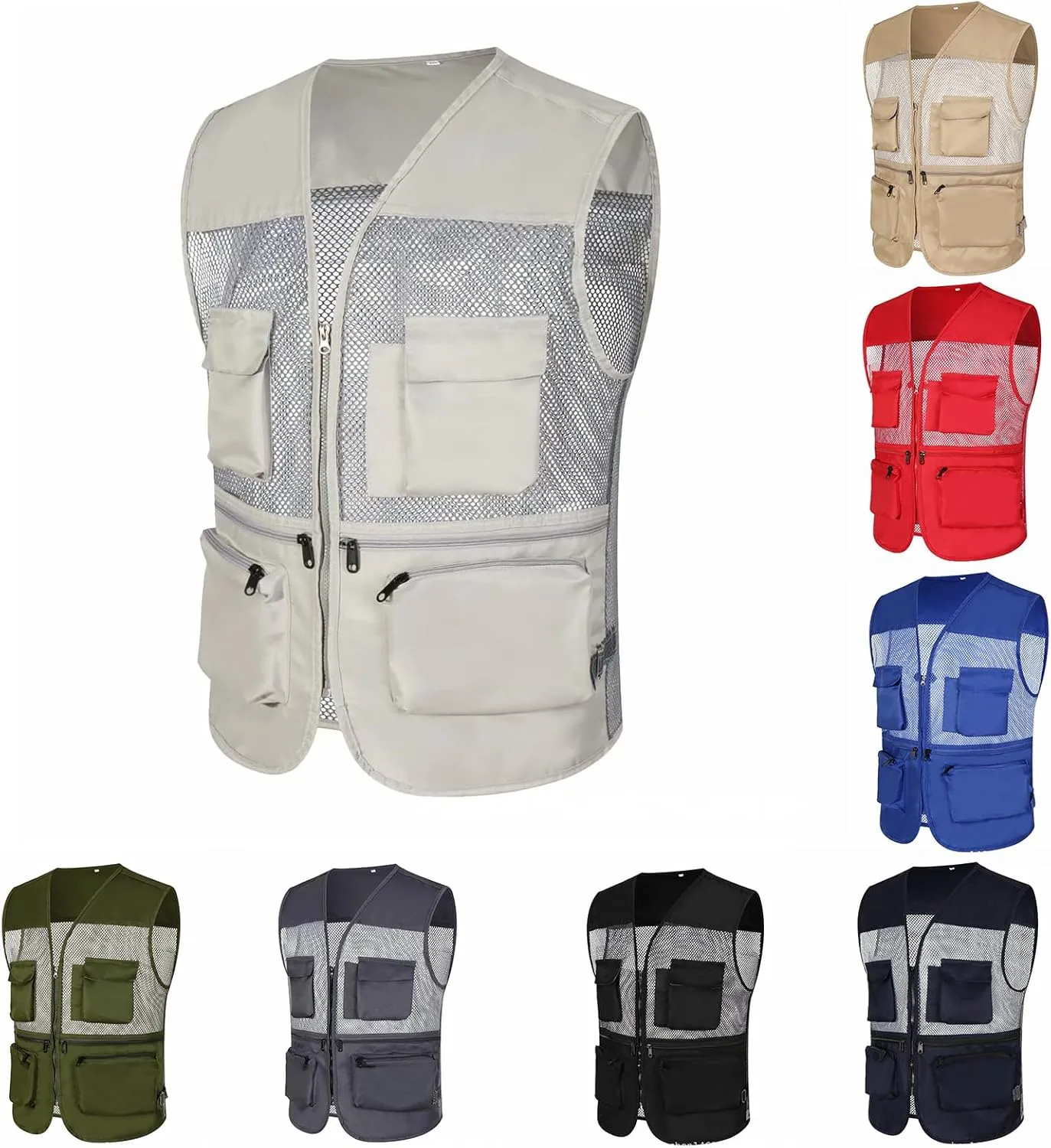 Cargo Vest for Men Lightweight Breathable Mesh Vest Zip Up Sleeveless Jacket Outdoor Volunteer Work Coat with Pockets