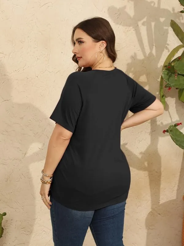 CARRROTMOB Plus Size Blouses for Women Pleated Casual Short Sleeve Round Neck Shirts Dressy Loose Summer Tops