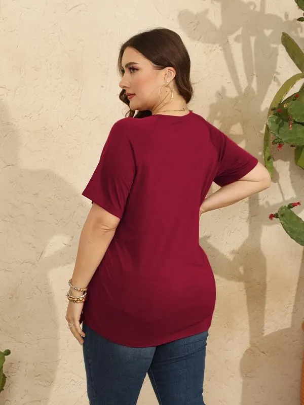CARRROTMOB Plus Size Blouses for Women Pleated Casual Short Sleeve Round Neck Shirts Dressy Loose Summer Tops