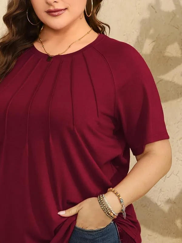 CARRROTMOB Plus Size Blouses for Women Pleated Casual Short Sleeve Round Neck Shirts Dressy Loose Summer Tops
