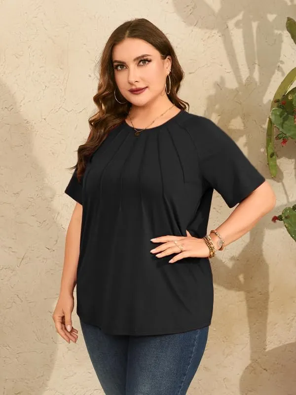 CARRROTMOB Plus Size Blouses for Women Pleated Casual Short Sleeve Round Neck Shirts Dressy Loose Summer Tops