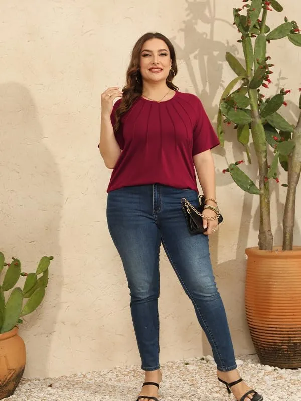 CARRROTMOB Plus Size Blouses for Women Pleated Casual Short Sleeve Round Neck Shirts Dressy Loose Summer Tops