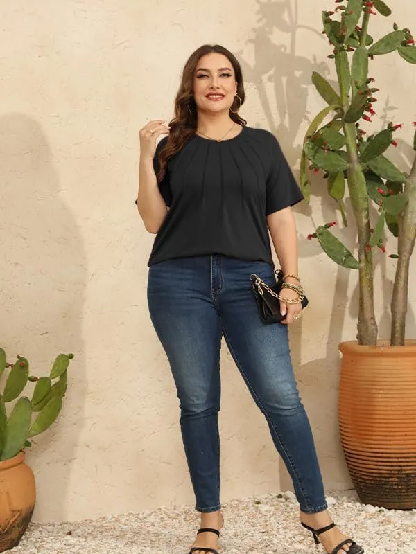 CARRROTMOB Plus Size Blouses for Women Pleated Casual Short Sleeve Round Neck Shirts Dressy Loose Summer Tops