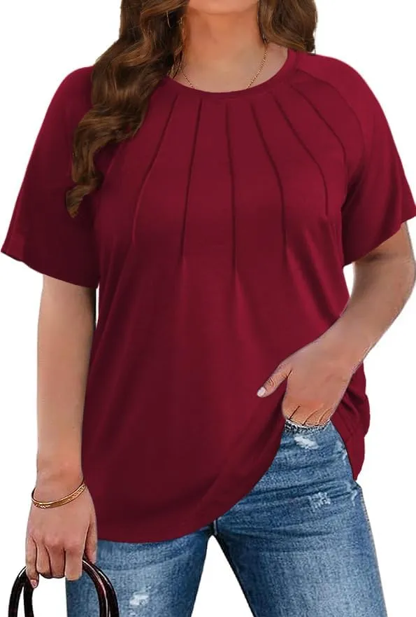 CARRROTMOB Plus Size Blouses for Women Pleated Casual Short Sleeve Round Neck Shirts Dressy Loose Summer Tops