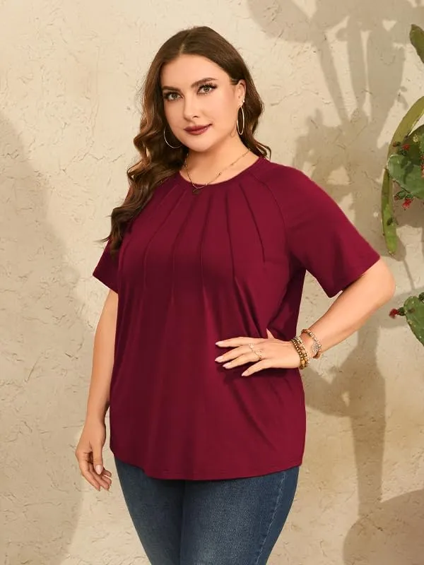 CARRROTMOB Plus Size Blouses for Women Pleated Casual Short Sleeve Round Neck Shirts Dressy Loose Summer Tops