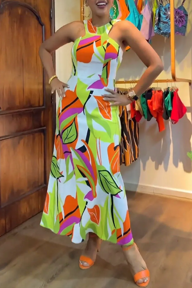 Casual Daily Elegant Vacation Simplicity Mixed Printing Printing Contrast Halter Dresses