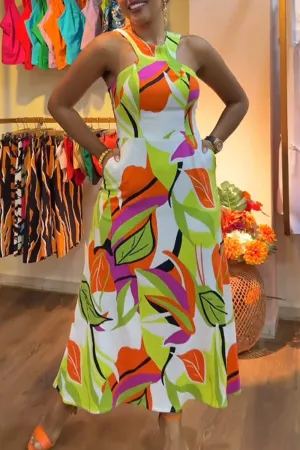Casual Daily Elegant Vacation Simplicity Mixed Printing Printing Contrast Halter Dresses