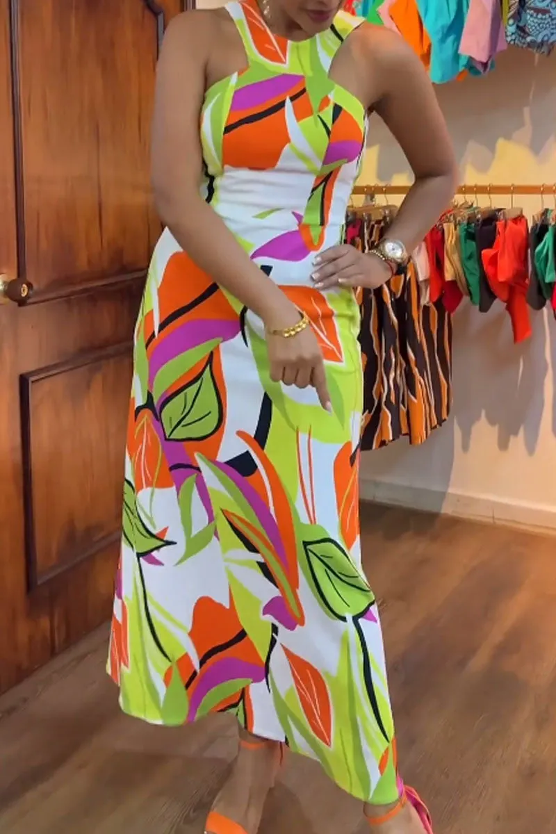 Casual Daily Elegant Vacation Simplicity Mixed Printing Printing Contrast Halter Dresses