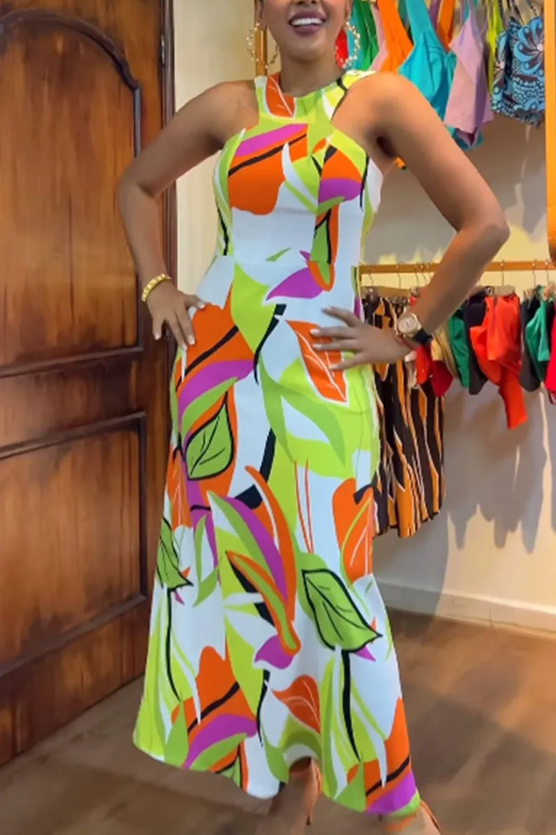 Casual Daily Elegant Vacation Simplicity Mixed Printing Printing Contrast Halter Dresses