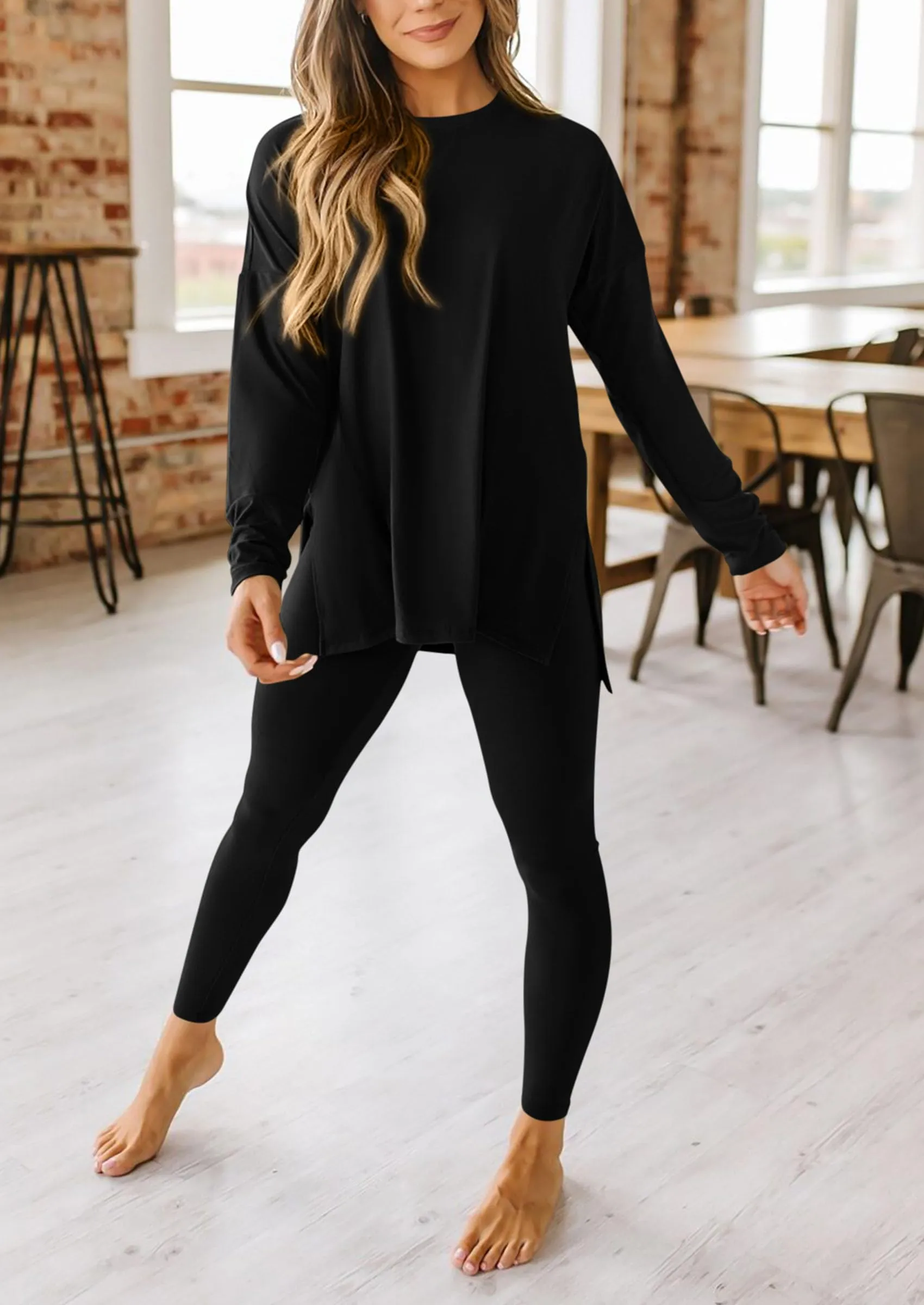 Casual Long Sleeve Tunic Tops Legging Pants Two Piece Sets