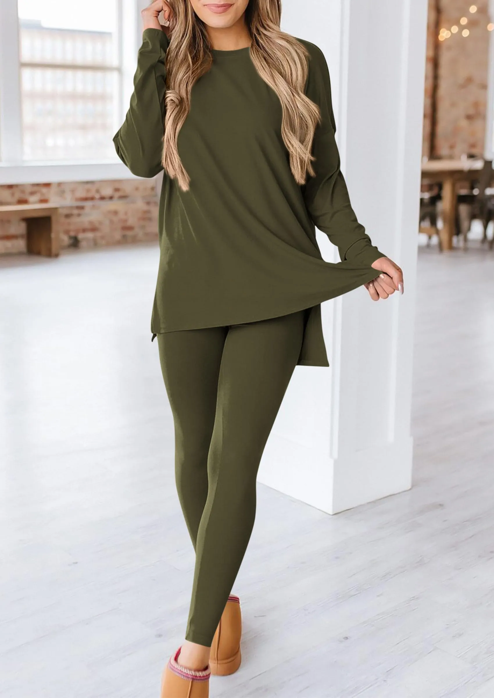 Casual Long Sleeve Tunic Tops Legging Pants Two Piece Sets