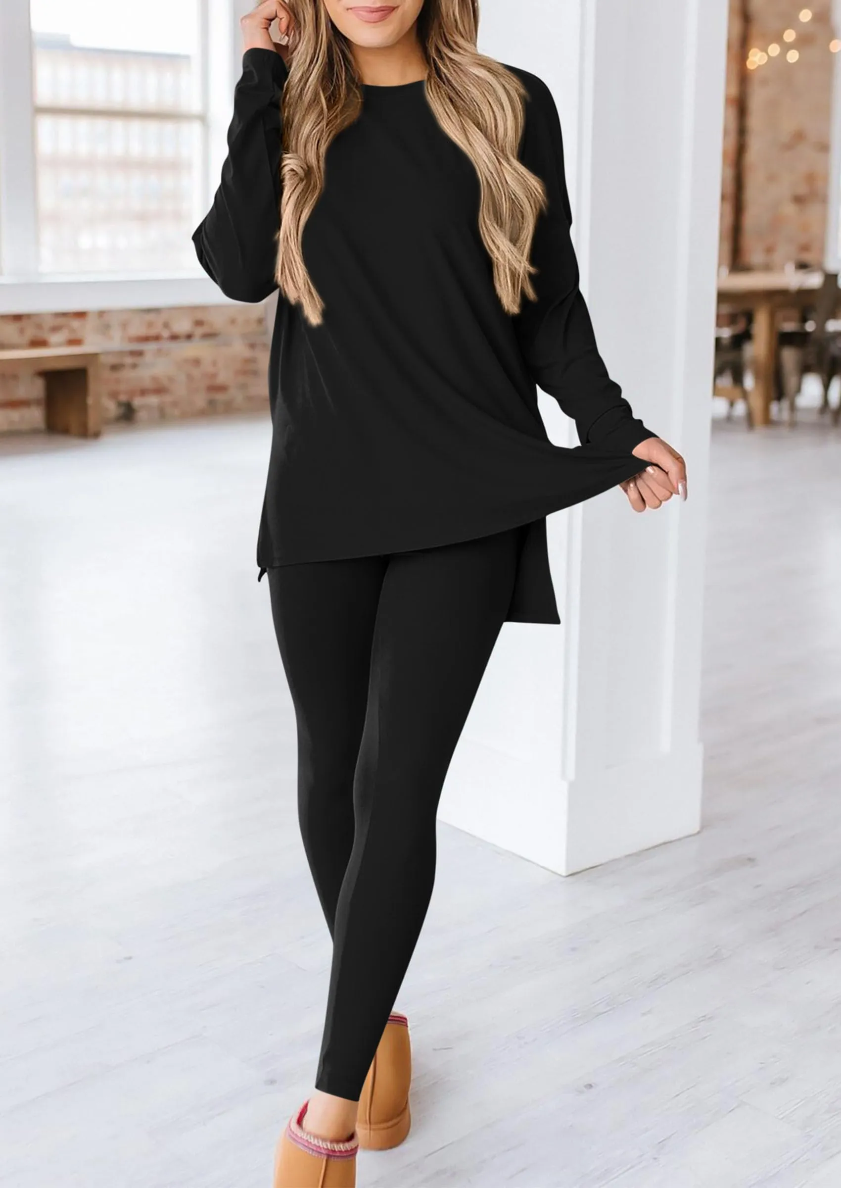 Casual Long Sleeve Tunic Tops Legging Pants Two Piece Sets