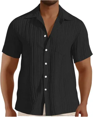 Casual Shirts for Men Summer Loose Fashion Button Down Shirts Vacation Solid Pleated Lapel Short Sleeve Top Clothes
