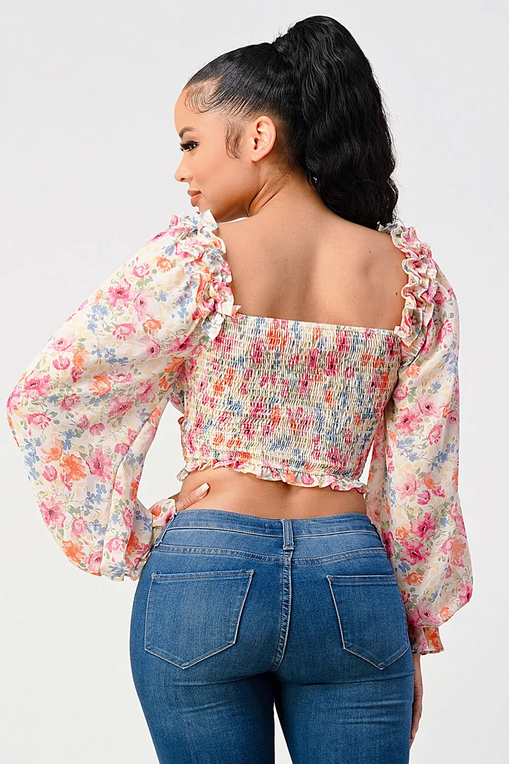 Chic Floral Sweetheart Smocked Body Blouse Top in Cream Pink