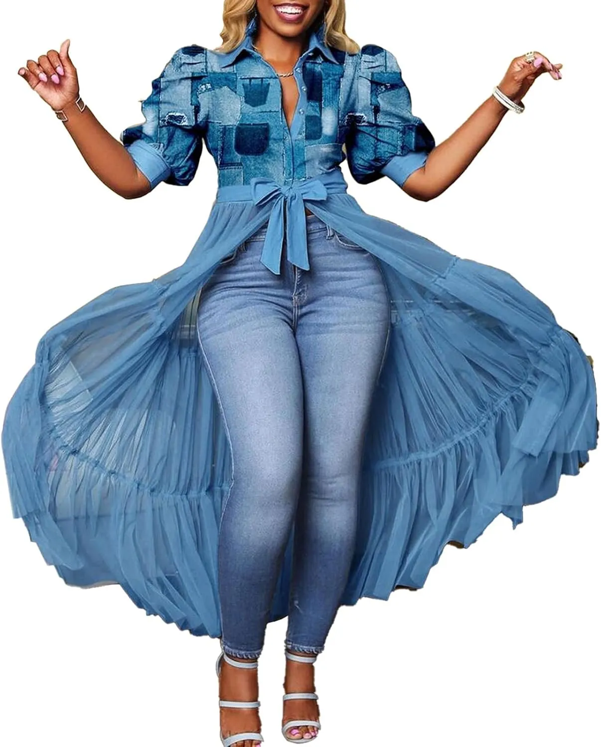 Choichic Women' Button Down Shirts High Waist Short Sleeve Sheer Mesh Patchwork Maxi Dress Long Shirts Tunics with Belt