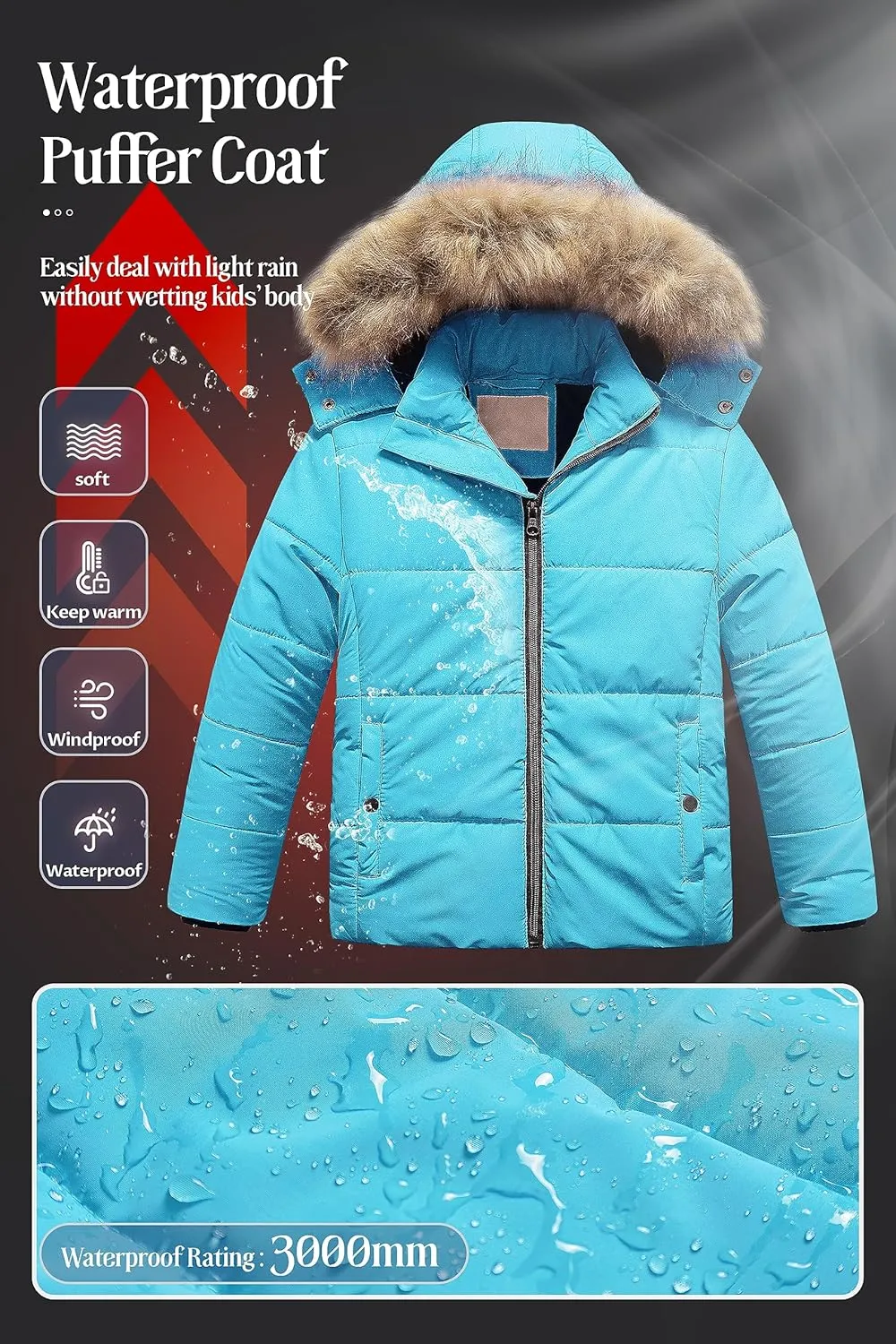 Chrisuno Girl's Water Resistant Winter Coats Warm Fleece Lined Outwear Ski Snow Jacket With Removable Hood