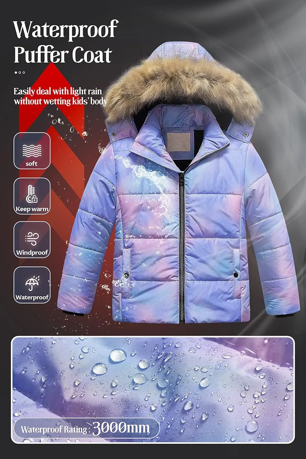 Chrisuno Girl's Water Resistant Winter Coats Warm Fleece Lined Outwear Ski Snow Jacket With Removable Hood