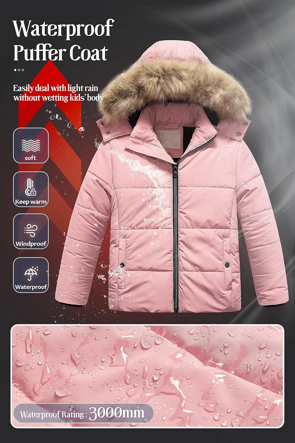 Chrisuno Girl's Water Resistant Winter Coats Warm Fleece Lined Outwear Ski Snow Jacket With Removable Hood