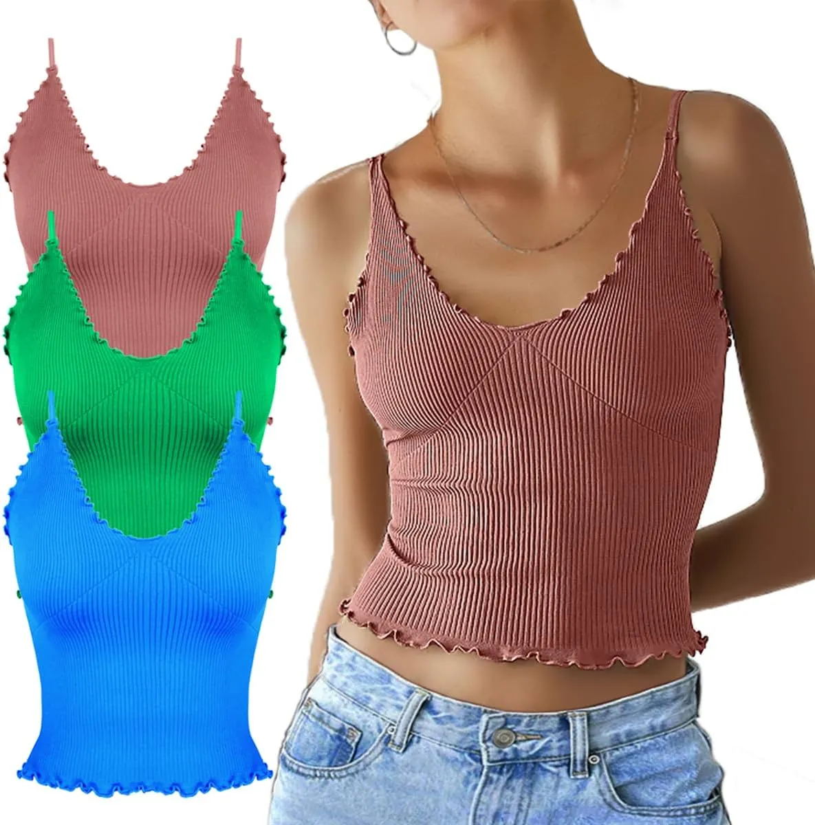 CHYRII Women 3 Pack Ruffled V Neck Cropped Tops Workout Basic Ribbed Camisole Tank Tops