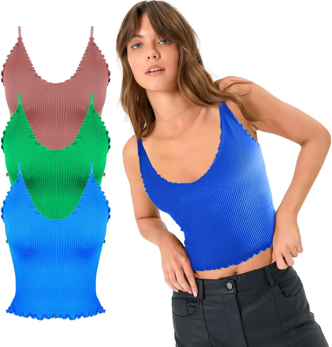 CHYRII Women 3 Pack Ruffled V Neck Cropped Tops Workout Basic Ribbed Camisole Tank Tops