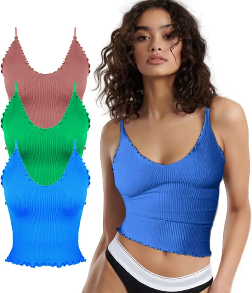 CHYRII Women 3 Pack Ruffled V Neck Cropped Tops Workout Basic Ribbed Camisole Tank Tops
