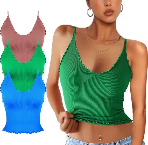 CHYRII Women 3 Pack Ruffled V Neck Cropped Tops Workout Basic Ribbed Camisole Tank Tops