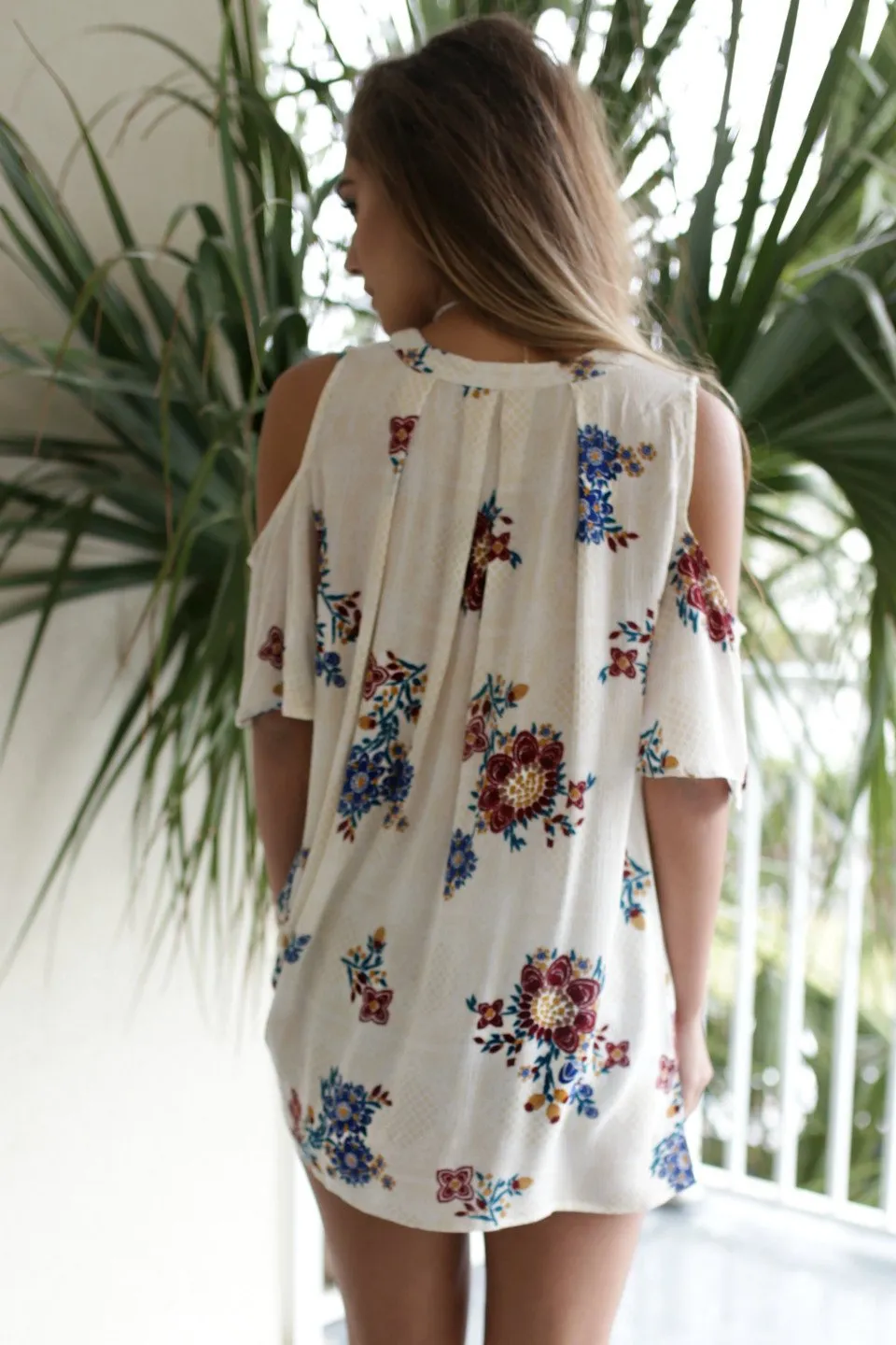 Clearance Bear Shoulder Flower Print Cut Out Loose Long Blouse