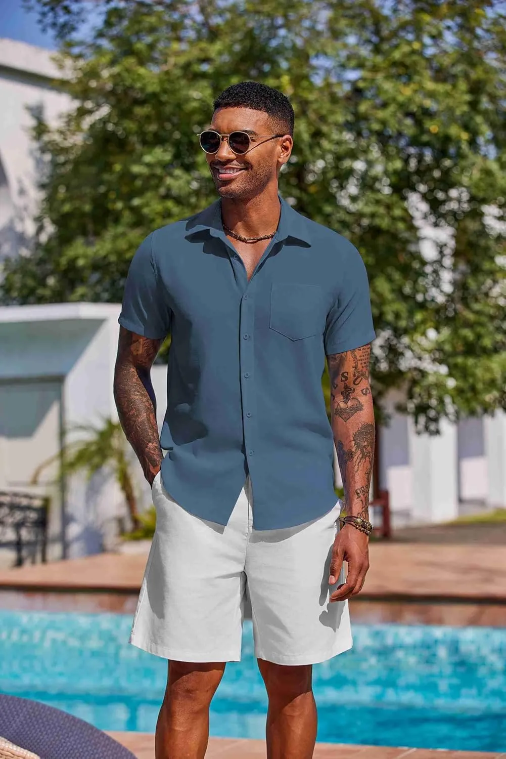 COOFANDY Men's Button Down Shirts Short Sleeve Casual Summer Shirts Beach Wedding Shirt with Pocket