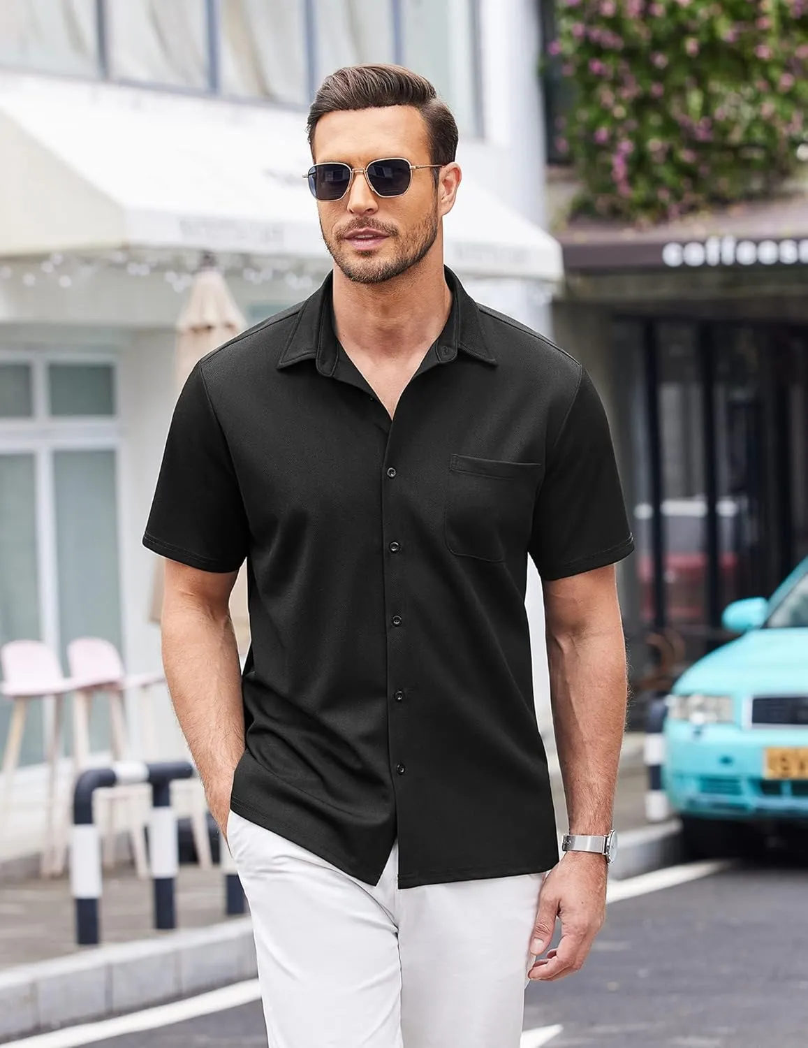 COOFANDY Men's Casual Button Down Shirts Short Sleeve Regular Fit Untucked Dress Shirts Knit Textured