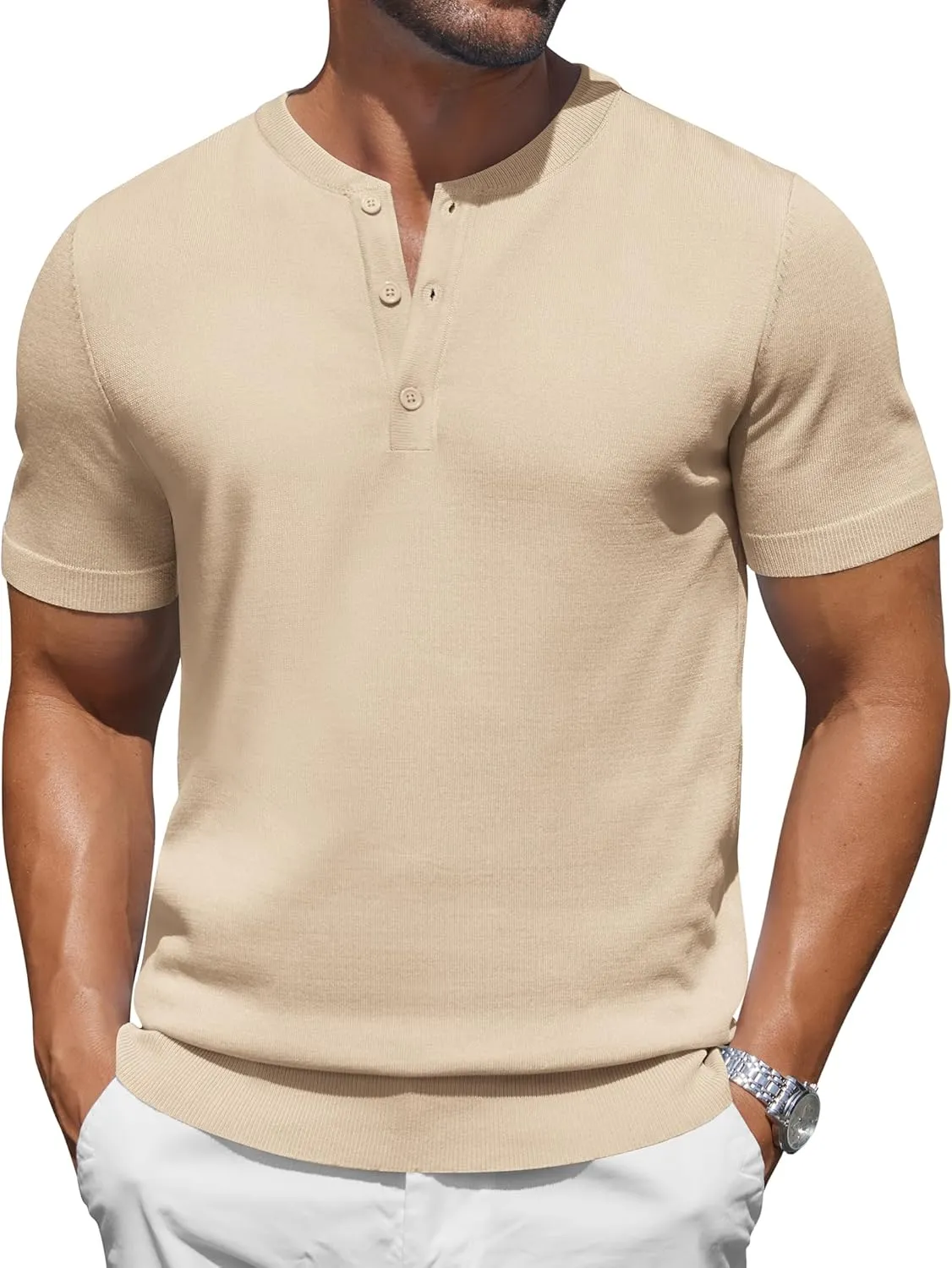 COOFANDY Men's Knit Henley Shirts Short Sleeve Casual Basic Tee Summer Button Soild T Shirts