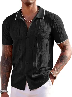 COOFANDY Men's Knit Shirts Short Sleeve Button Down Polo Shirt Fashion Casual Summer Beach Shirts