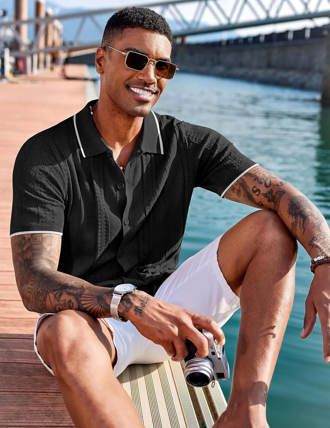 COOFANDY Men's Knit Shirts Short Sleeve Button Down Polo Shirt Fashion Casual Summer Beach Shirts