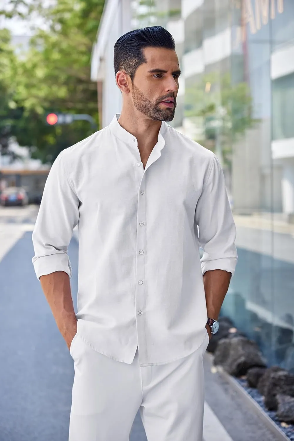 COOFANDY Men's Long Sleeve Oxford Dress Shirts Chambray Button Down Shirt Casual Band Collar Shirts