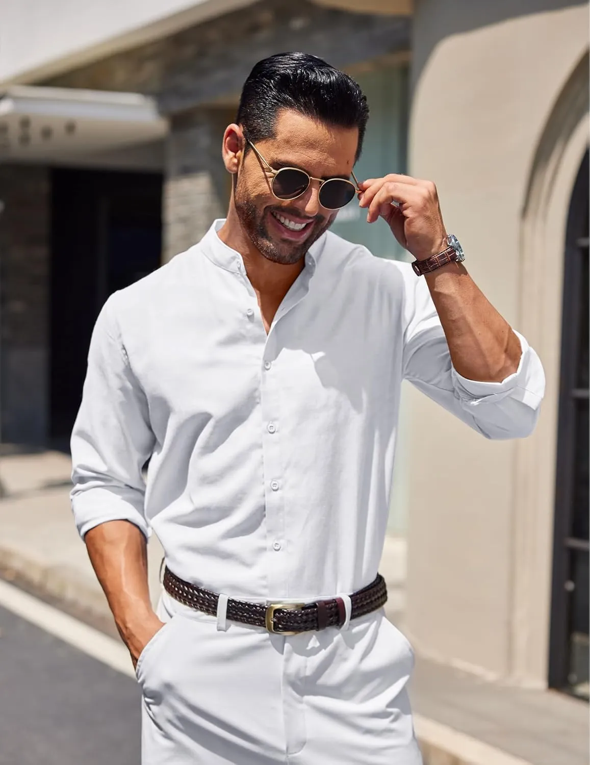 COOFANDY Men's Long Sleeve Oxford Dress Shirts Chambray Button Down Shirt Casual Band Collar Shirts