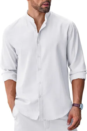 COOFANDY Men's Long Sleeve Oxford Dress Shirts Chambray Button Down Shirt Casual Band Collar Shirts