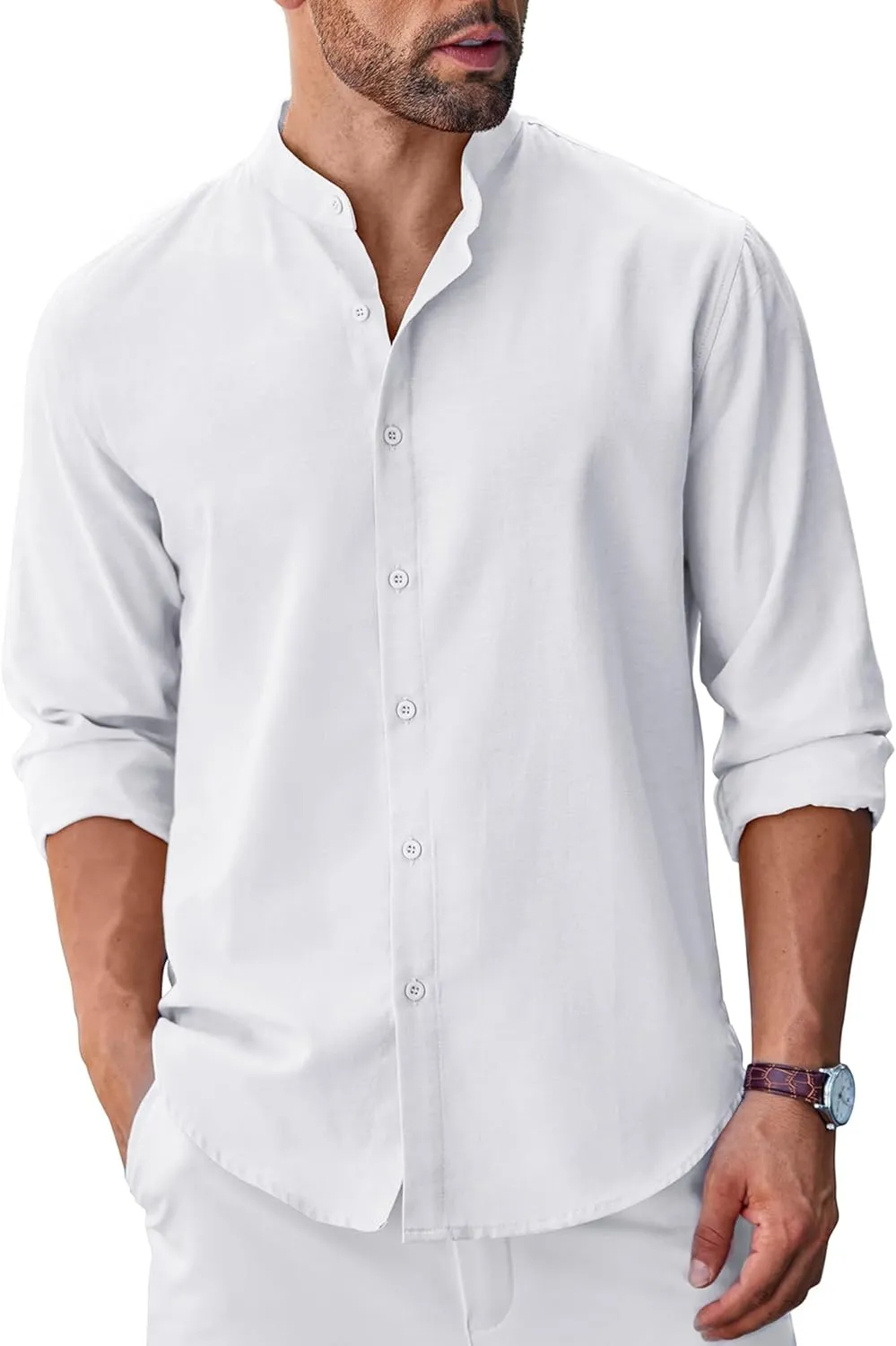 COOFANDY Men's Long Sleeve Oxford Dress Shirts Chambray Button Down Shirt Casual Band Collar Shirts