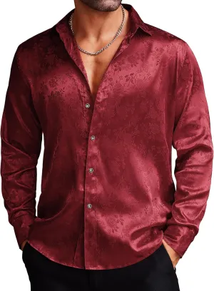 COOFANDY Men's Silk Satin Dress Shirts Jacquard Long Sleeve Floral Button Up Shirts Party Prom Wedding Shirt