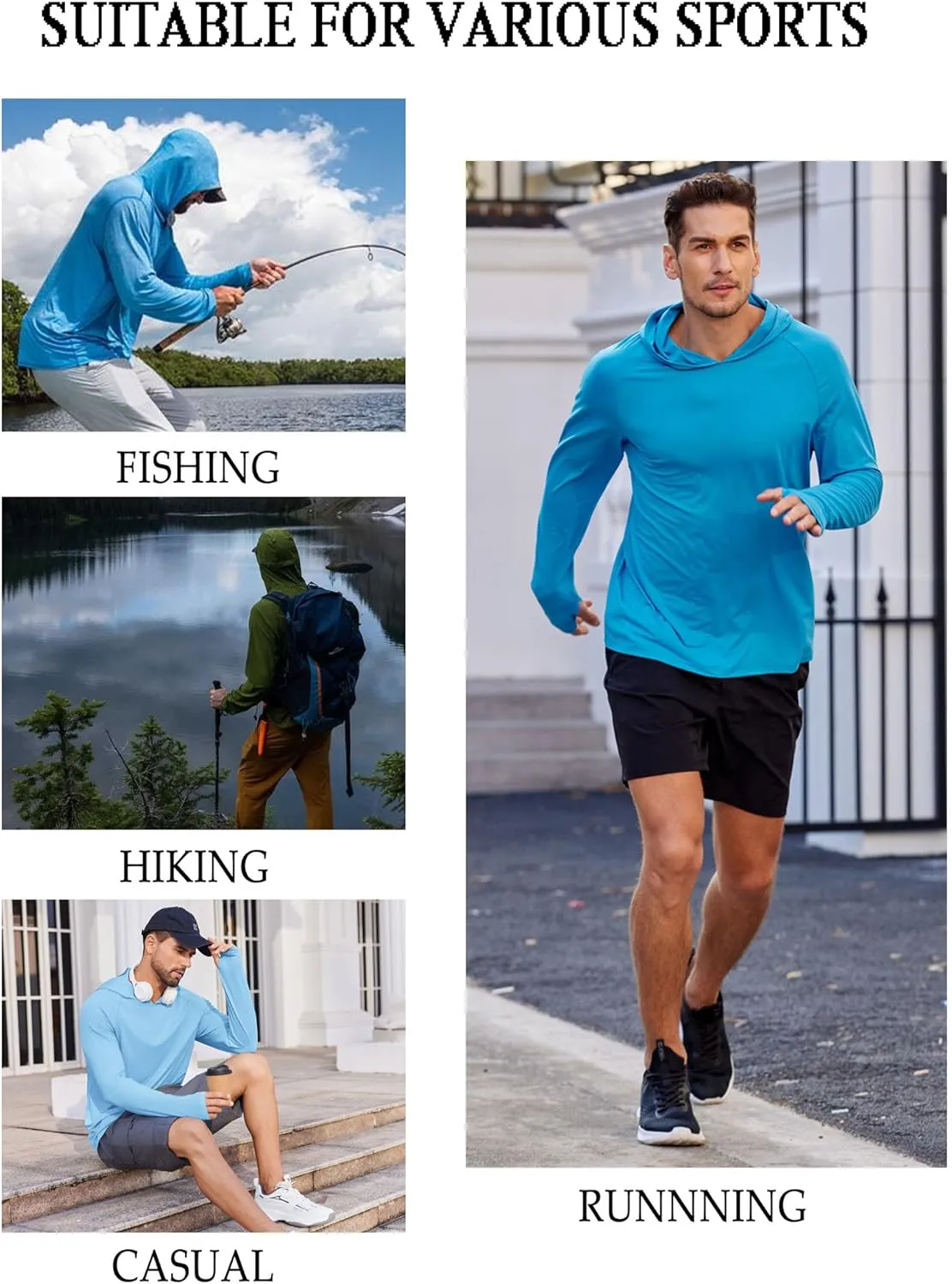 COOFANDY Mens UPF 50  Hoodie Shirts Long Sleeve Rash Guard Sun Protection Fishing Shirts Lightweight Quick Dry Hoodies