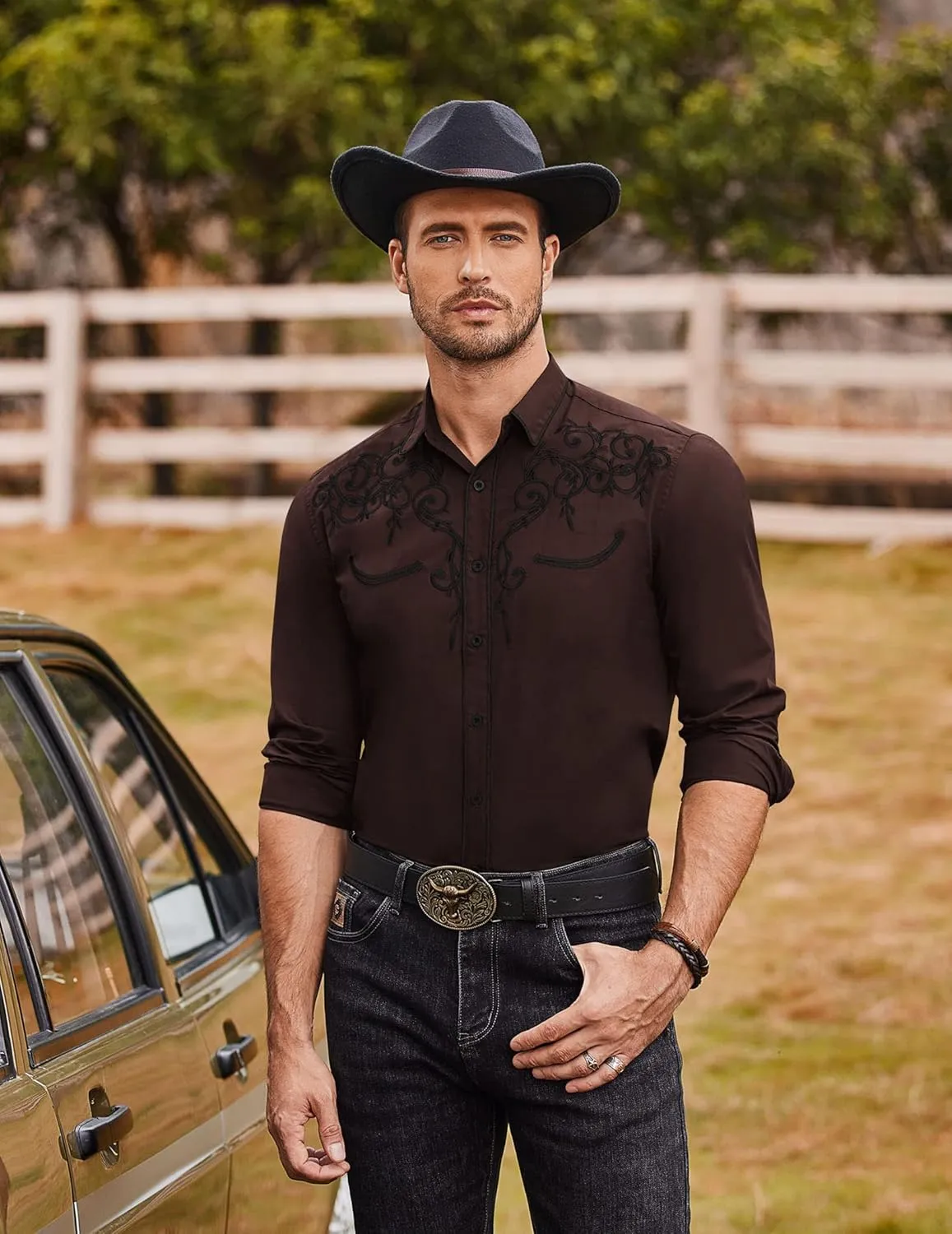 COOFANDY Men's Western Cowboy Shirts Long Sleeve Embroidered Shirt Slim Fit Casual Button Down Shirts