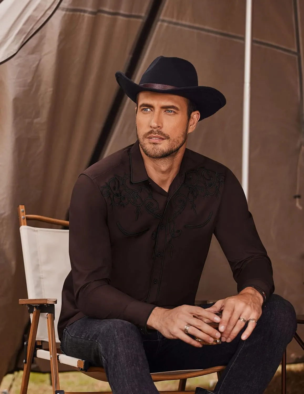 COOFANDY Men's Western Cowboy Shirts Long Sleeve Embroidered Shirt Slim Fit Casual Button Down Shirts